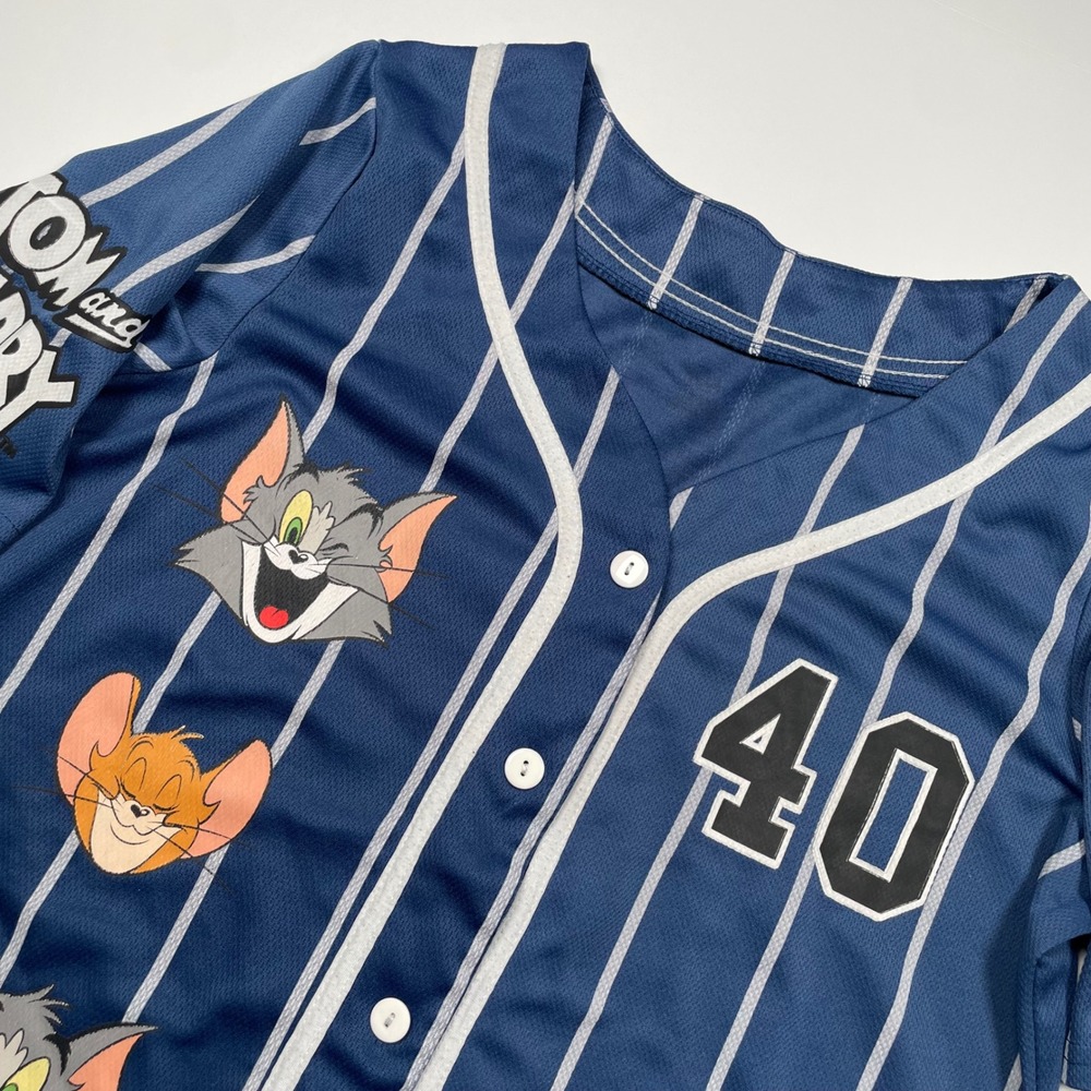 Tom and Jerry Baseball Jersey Navy Blue Pinstripe Graphic Shirt 40 Mens Medium